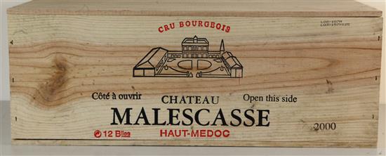 A case of twelve bottles of Chateau Malescasse, Haut Medoc, 2000.